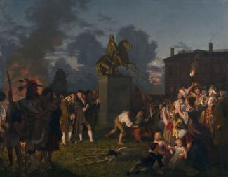 Painting by Johannes Oertel of the pulling down of the statue of King George on July 9, 1776, Bowling Green, NYC